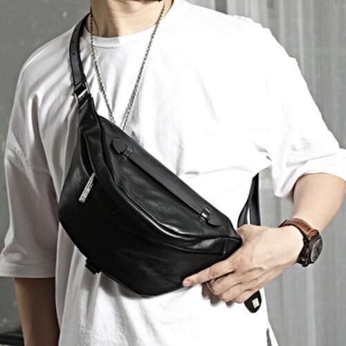 The first layer cowhide belt bag black leather crossbody bag trendy casual mens chest bag sports bag