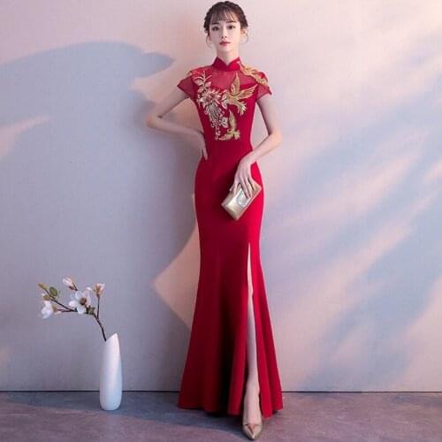 Sexy Lace Slim Ladies Evening Party Dress Elegant Chinese Bride Wedding Qipao Vintage Short Sleeve Cheongsam Size S-XXL