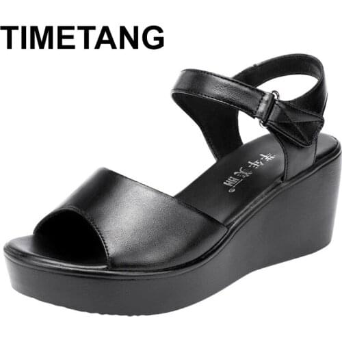 TIMETANG Big Size32-43Open Head Splite Leather Platform Wedges Sandals Summer 2021 Casual Comfortable Medium Heel Sandals Mother