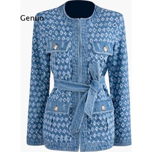 Vintage Blue Denim Jacket with Belt Waisted Ripped Hole Women Coat Autumn Long Sleeve Pockets Streetwear New