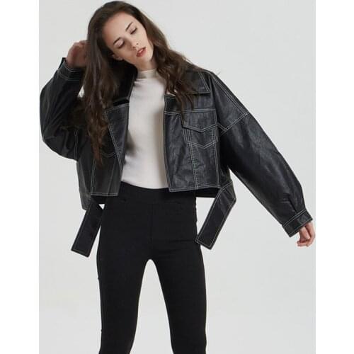 2019 new Women Leather Jacket lapels bf loose version street fashion line Biker Jacket casual Punk Jacket Short Coat Female L107
