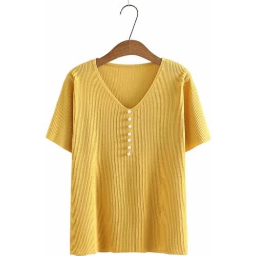 Women tunic plus size 2021 Casual Summer women tops Short sleeve V-Neck pearl button yellow black white knitted Woman T-shirts