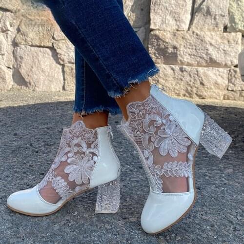 2021 New Woman Mesh Black Ankle Boots for Women Summer Square Heels Boots Sandal Ladies Round Toe Lace Boots O478