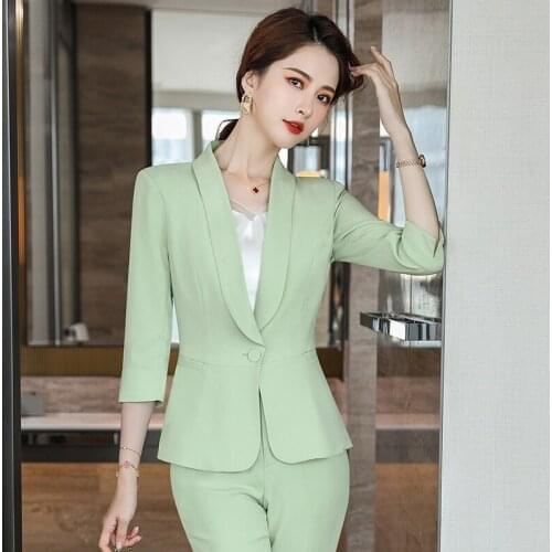 Elegant Green Half Sleeve Spring Summer Formal Women Business Suits Pantsuits with Pants and Jackets Coat OL Styles Trousers Set