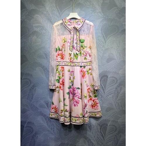 Pink Color Floral Printed Fashion Women Dresses Lace Patchowork Full Sleeves Diamonds Beading Lady Sweet Dress Vestido Clothes