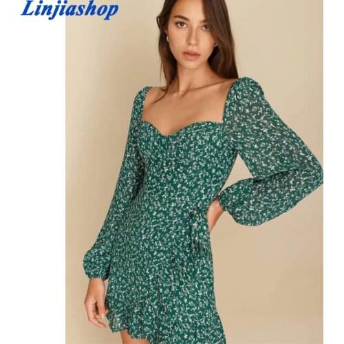 Summer dress women high street vintage print square collar party mini za green dress vestidos de fiesta de noche vestidos