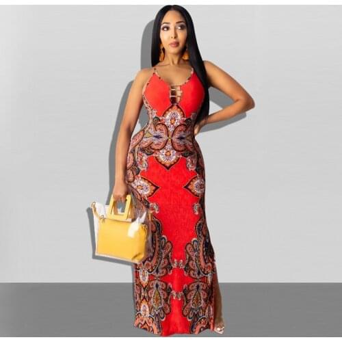 Summer Outfits Women Dress Print Sleeveless Strap V-neck Fit and Flare Splited Sexy Vintage Long Dresses
