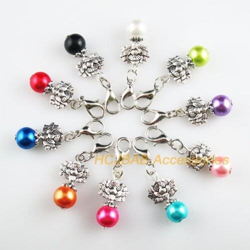 10 New Lotus 12x22mm Charms Mixed Ball Glass Tibetan Silver Plated Retro With Lobster Claw Clasps