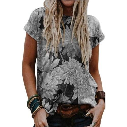 2021 Summer Casual Short Sleeve Floral Women T-shirt Fashion Oversized Chrysanthemum O-neck Pullover Loose Tops