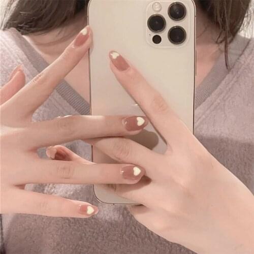 24pcs Love Heart Printed Nail Patch Glue Type Removable Short Paragraph Fashion Manicure Save Time Fake Nail Patch NE