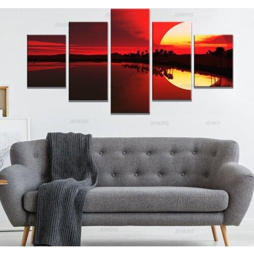 Modern Prints Wall Art 5 Pieces Red Sky Lake Forest Sunset Scenery Canvas Paintings Decoration Poster No Frame Modular Pictures