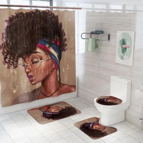 African American Women with Glasses Fabric Bathroom Shower CurtainS Afro Africa Girl Bath Curtains Rugs Toilet Seat Cover Set