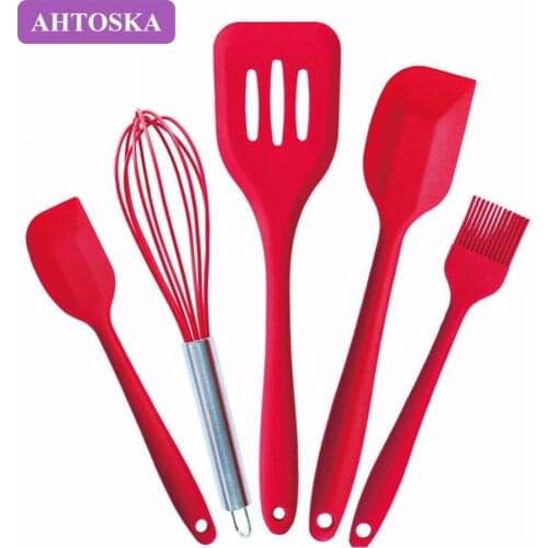 AHTOSKA 5Pcs/Set Kitchen Cooking Utensil Red Heat Resistant Cooking Tools Includes Spoon Spatula Soup Ladle