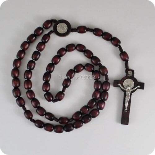 Wood Rosary Beads Saint Benedict Medal INRI JESUS Cross Pendant Necklace Catholic Fashion Religious jewelry