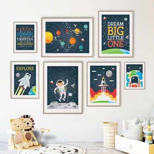 Baby Astronaut Spaceship Planet Number Letter Wall Art Canvas Painting Nordic Posters And Prints Wall Pictures For Kids Room
