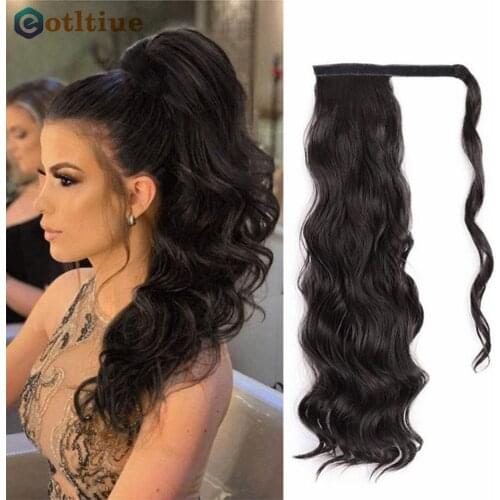 Long Wavy Ponytail Human Hair Wrap On & Drawstring Clip in Hairpiece Black Wave Extension African American Pony Tail for Women