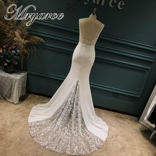 Mryarce Elegant Leaves Lace Crepe Wedding Dress Square Neck Open Leg Stretch Mermaid Bridal Gowns