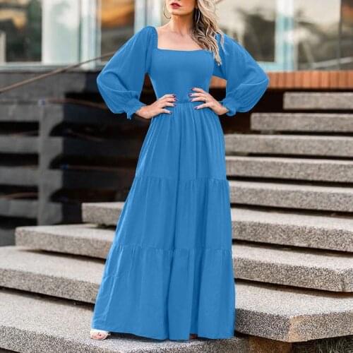 Elegant Long Sleeve Dress VONDA 2021 Women Bohemian Puff Sleeve Square Collar Maxi Dress Bohemian Sundress Femme Casual Vestidos