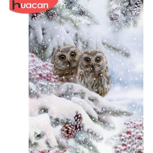 HUACAN 5D Diamond Mosaic Owl Animal Needlework DIY Full Drill Diamond Embroidery Winter Picture Of Rhinestones Home Decor