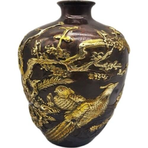 Chinese Old Bronze Statue Red Copper Gilded Magpie Plum Vase