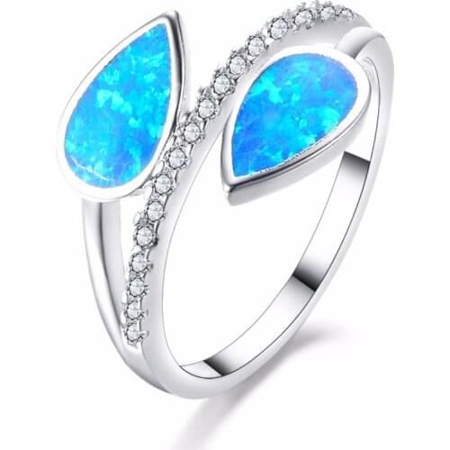 100% 925 Sterling Silver Crystal Rings Double Oval Shape Blue/White Fire Opal Beautiful Elegant Rings