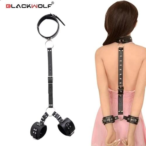 Leather Neck to Wrist Restraints Bdsm Bondage Handcuffs Collar Gags Adult Games Sex Toys For Couples SM Erotic Products Costumes