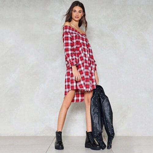Languid Style Pphome Sexy One Line Shoulder Off Shoulder Loose Classic Plaid Shirt Dress