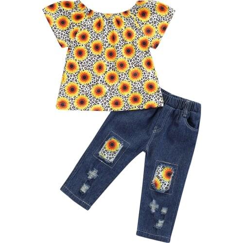 2Pcs Fashionable Little Girls Outfit, Sweet Style Sunflower Printing Leopard Print Short Sleeve Top + Long Ripped Trousers Set