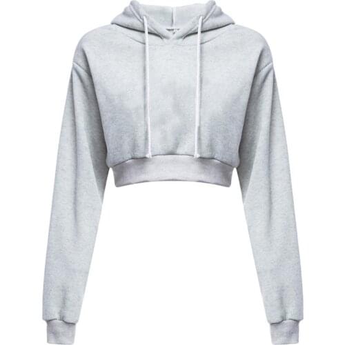 Fashion Women Solid Crop Hoodie Tops Casual Sweatershirts Long Sleeve Drawstring Pullover Jumper Hoodies Clothing Femme