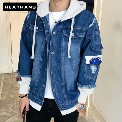 Men Hooded Jean Jackets Japanese Style Loose Mens Denim Jacket Fake Two-piece Hooded Denim Jackets Hole Handsome Youth Men Wear