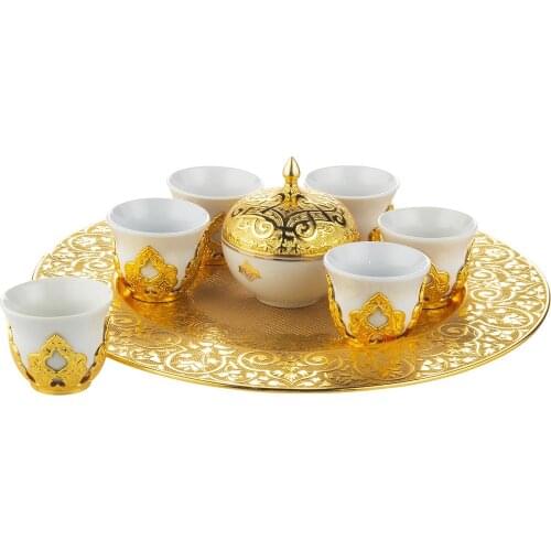 6 Pieces Mirra Set with Tray and Sugar Bowl Gold Silver Arabic Turkish Greek Coffee Espresso Cups Set Mug Authentic Wedding Gift