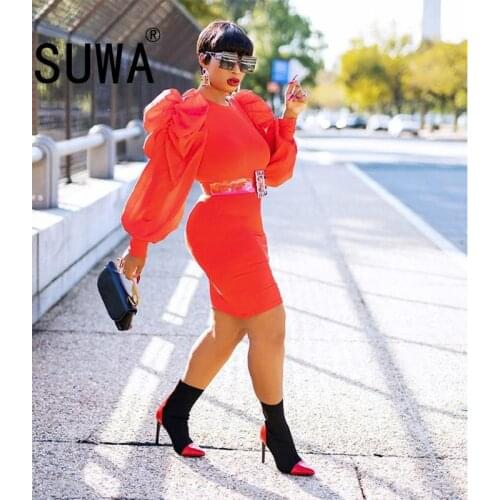 2020 Autumn And Winter New Products Mesh Stitching Dress Womens Bubble Lace Long Sleeve Fashion Street Style Solid Color Dress