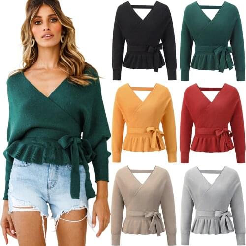 Autumn Women Sweaters Slim Solid Color Full Sleeve With Belt Bow Ruffles Thick Warm Outwear Pullovers Female Knitwear C2985