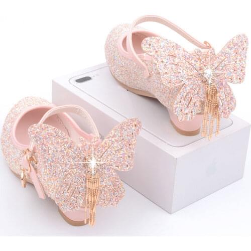 Fall Shoes for Girls Sequin Party Shoes Kids Butterfly Pink Latin Dance Shoes 5-12 years old 6 8 Princess Shoes Children