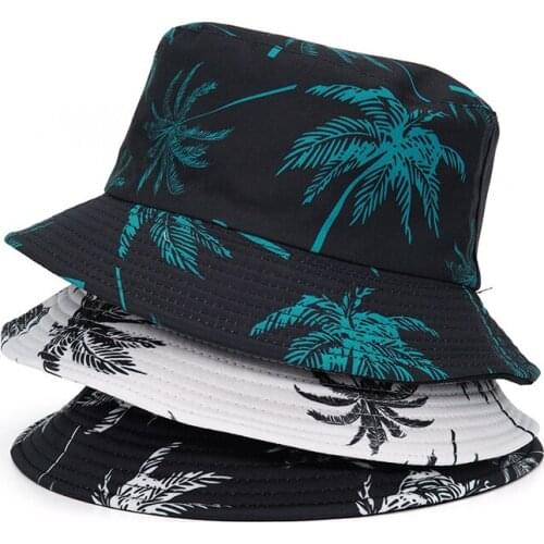Canvas Fisherman Hats Men And Women Printed Coconut Palm Double-sided Bucket Hat Unisex Outdoor Travel Sun Visor Caps