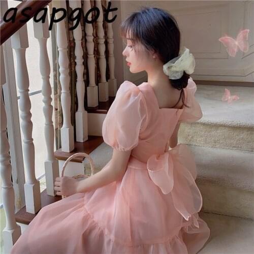 Dresses Temperament Sweet V Neck Back Bow Pink Puff Short Sleeve Mesh Dress Women Organza Slim Waist Swing Vestido De Mujer