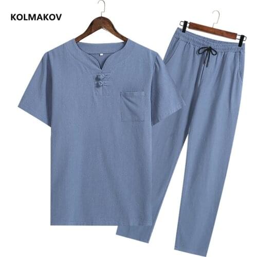 Shirt + trousers) 2021 summer men shirt Man Cotton and linen shirts mens casual fashion shirts men size M-4XL Two piece