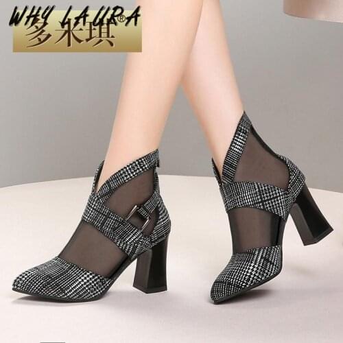 Sexy Woman Sandal Mesh Lace Square High Heel Summer Shoe Woman Pump Sexy Flower Hollow Pointed Foot Fighter Sandal