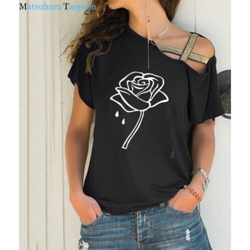 Sexy Rose Female T Shirt Women Girls Cotton T-Shirt Casual Tshirts Summer Gift Irregular Skew Cross Bandage Dames Kleding Zomer