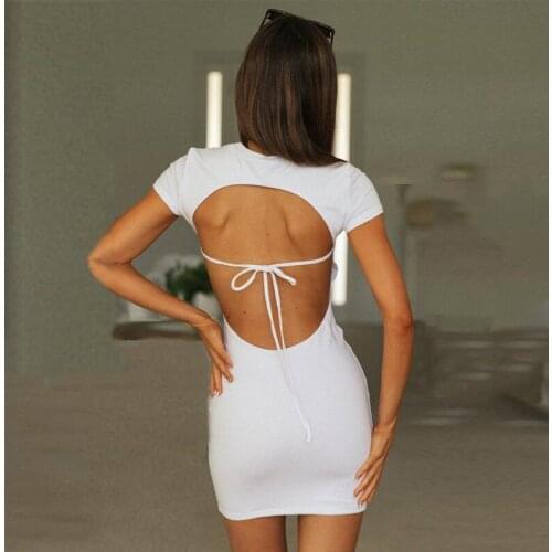 Ardm Sexy White Backless Short Sleeve Bodycon Summer Dress 2021 Fashion Hollow Out Lace Up Slim Mini Dress