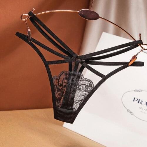 Sexy Transparent Womens Underwear Lace Fashion Cross Belt Thongs Pearl Decoration Flower T Pants Embroidered G-String