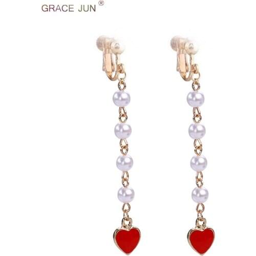 Korea Style Copper Material Pearl Clip on Earrings No Pierced and Long Tassel Heart Drop Pierced Earrings Hot Sale Charm Earring