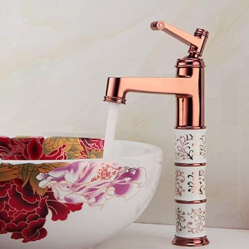 Basin Faucets European Style Copper Imitation Antique Tap Rose Gold finish Single Hole Washbasin Mixer Taps Cold And Hot Faucet