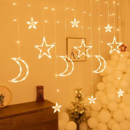 220V LED Star Moon Curtain Light EU Plug Fairy Garland String Lights Outdoor Rooms Decor Wedding Party Holiday Home Night Lamp