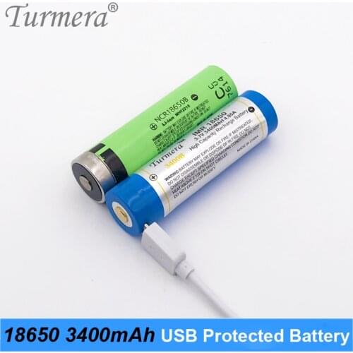 Turmera 18650 3400mAh NCR18650B 3.7V 3400mah Protected Rechargeable Lithium Battery 2MOS with USB Charging Port for Flashlight O