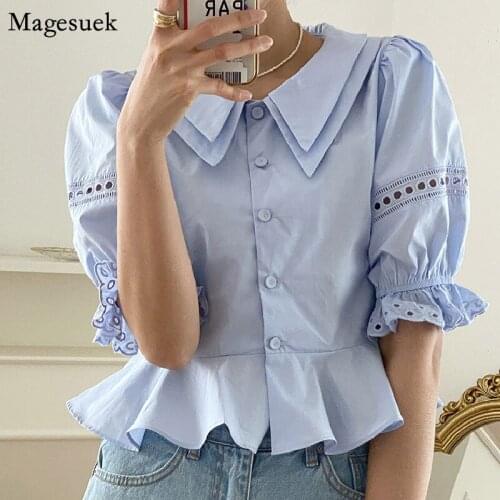 Chic Hollow Out Short Sleeve Women Blouses Summer Turn-down Collar Elegant Woman Shirt Vintage Fashion Lace Tops Clothing 14858