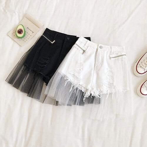 Mesh Stitching Hole Ripped Jeans Shorts Women White Black Irregular High Waist Sexy Shorts Wide-Leg Summer Denim Shorts C7059