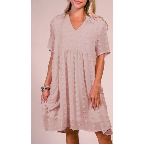 Women Pink/Dark Blue V Neck Pompom Babydoll Style Short Sleeves Flowy Mini Outfits