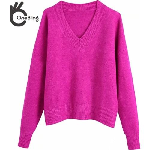 OneBling Za Woman 2021 Casual Traf Pull Autumn Winter V Neck Drop Shoulder Knit Jumpers Pullover Female Loose Sweaters Chic