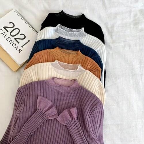 WWENN Women Knitted Sweater Pullovers Half Turtleneck Autumn Winter Basic Sweaters Slim Fit Purple Warm Bottom Flare Sleeve Tops